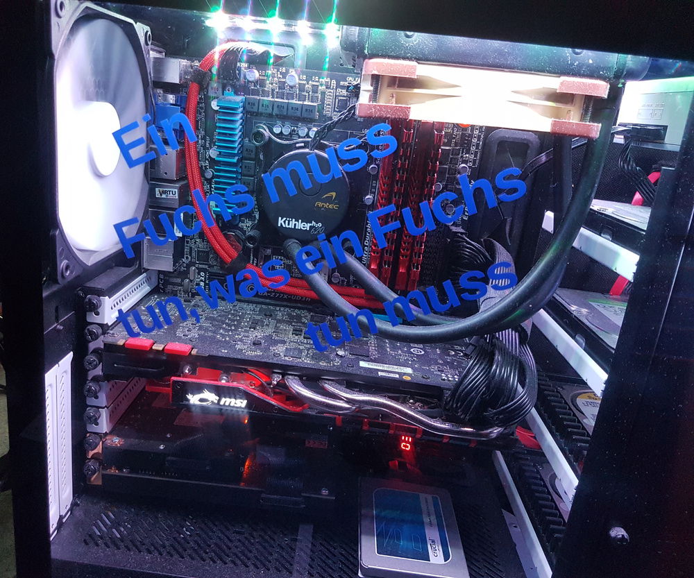08/2018: Still the same older configuration but now with stickers on the tempered glass. The text says "A fox's gotta do what a fox's gotta do" in german. The picture also shows the CableMod RGB/UV LED strips which I installed in 03/2018.