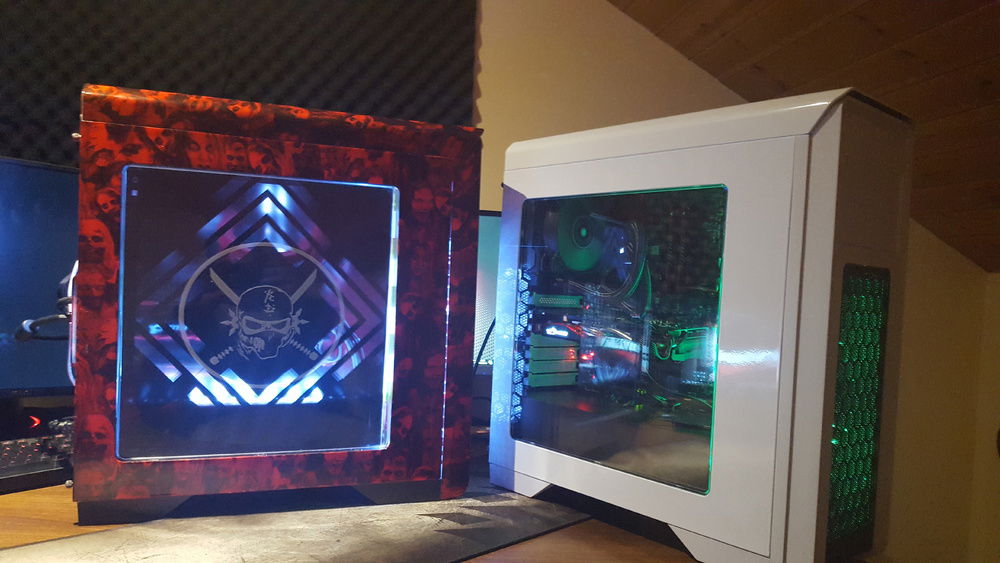 Modded case next to a stock version of the case