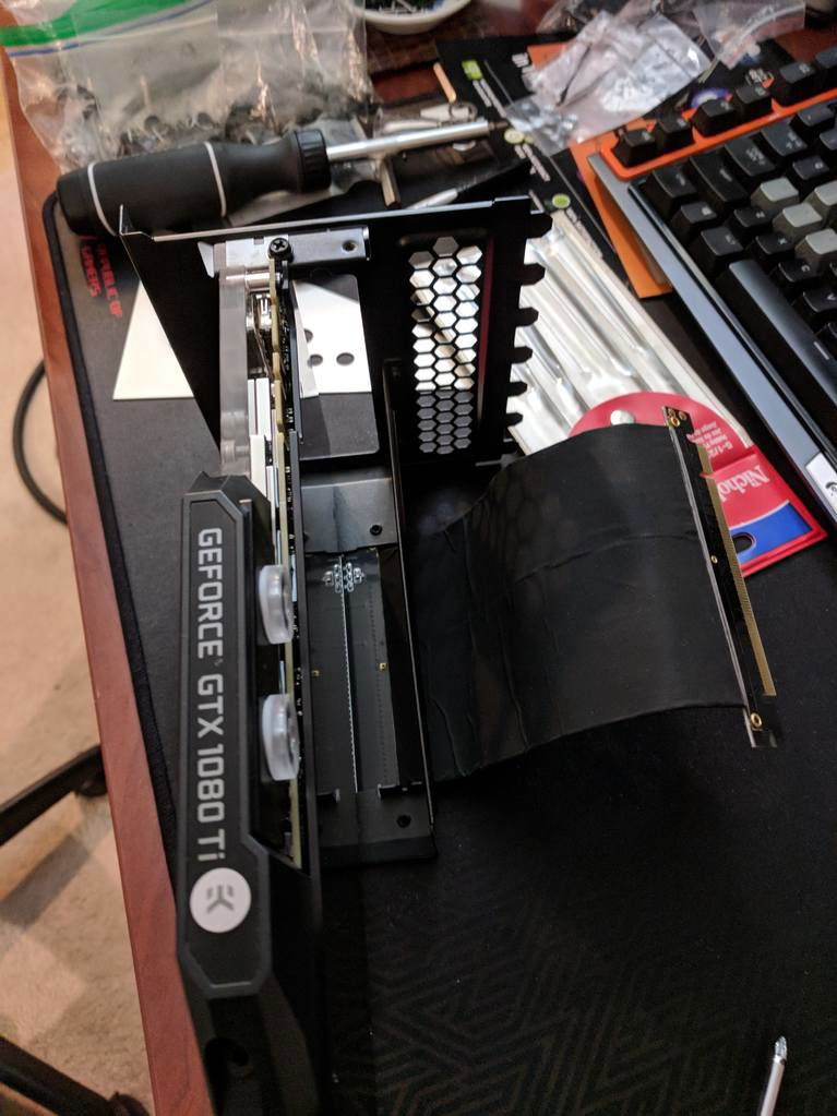 One thing to be aware of, the PCIe extension cable is relatively short, and in my case, barely reached the top 16x PCIe slot﻿.﻿