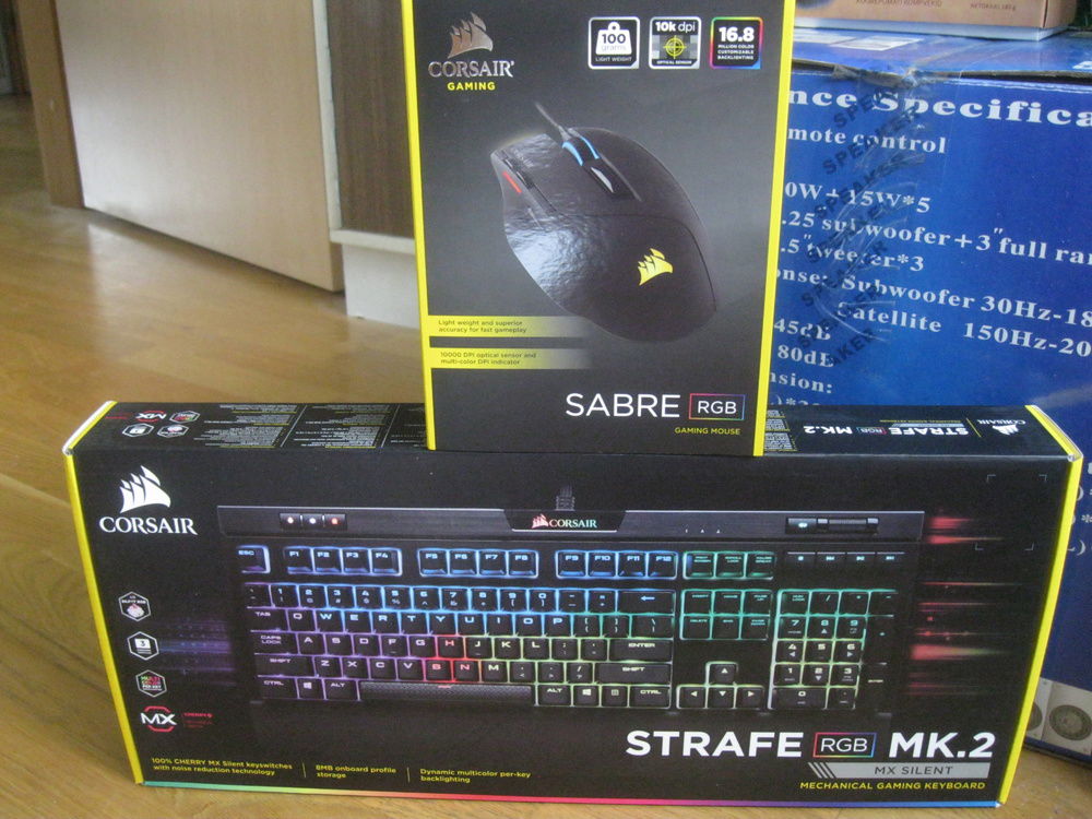 Corsair STRAFE RGB MK.2 with Cherry MX Silent switches and Corsair Sabre RGB.