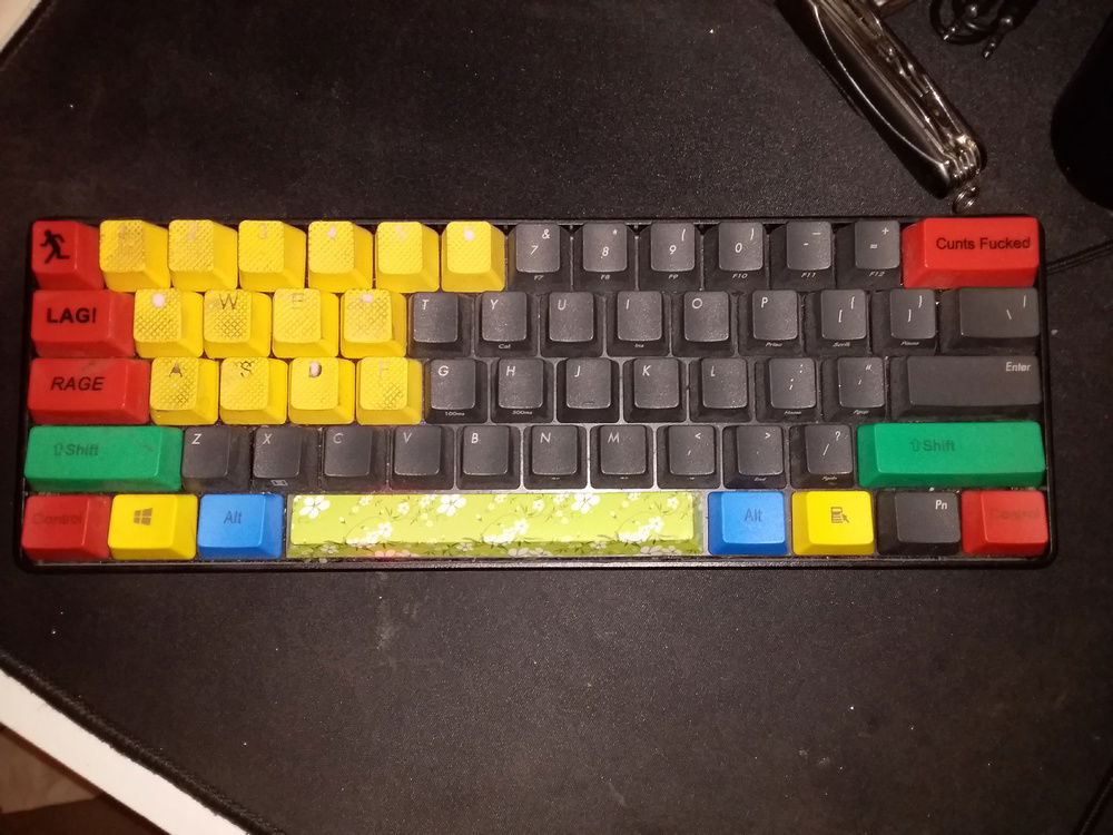 My IKBC New Poker II with Cherry Brown switches and a bunch of custom keycaps. Mix of custom orders from WASD, a Tai-Hao PBT rubberised set, and a nice spacebar from Massdrop. I have a bunch of artisans but none of them suited this board.