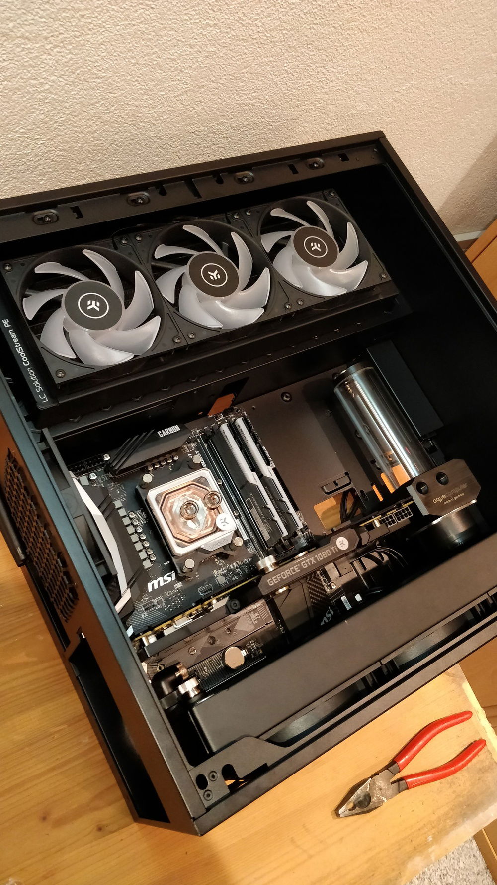 In progress, placing the pump/res combo.