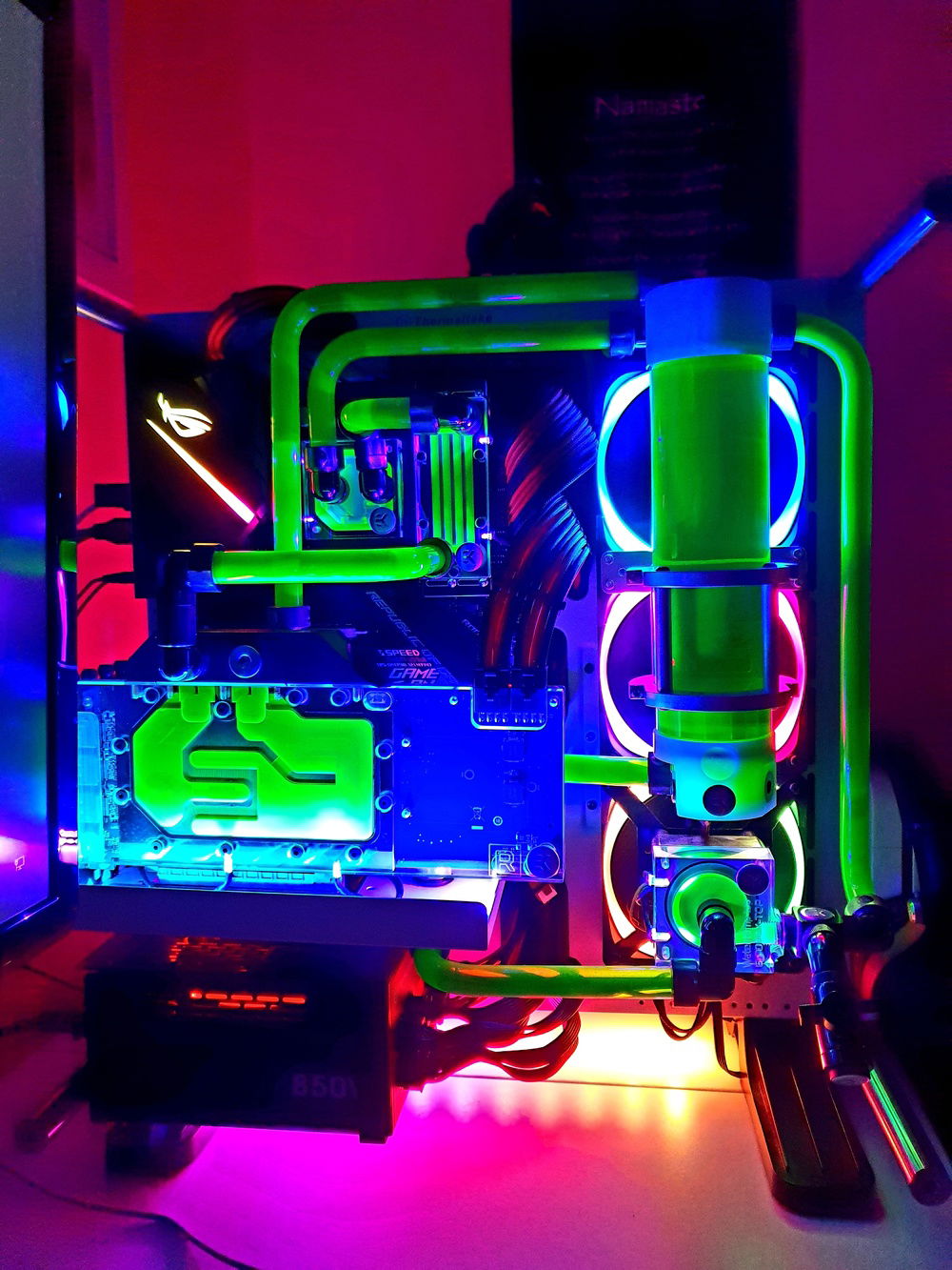Build complete using the NZXT RGB along with UV leds in the water blocks. I like how the green reacts to the UV.