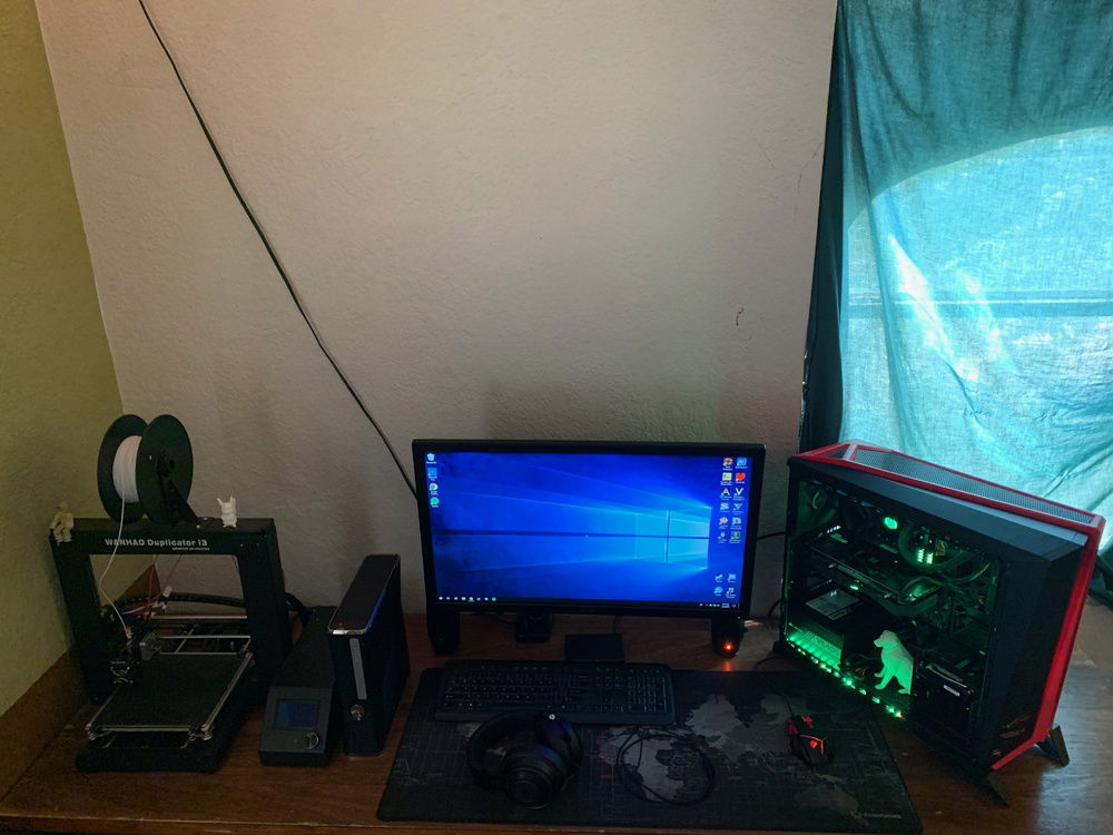 entire setup, includes custom xbox 360, 3d printer, pc, and monitor
