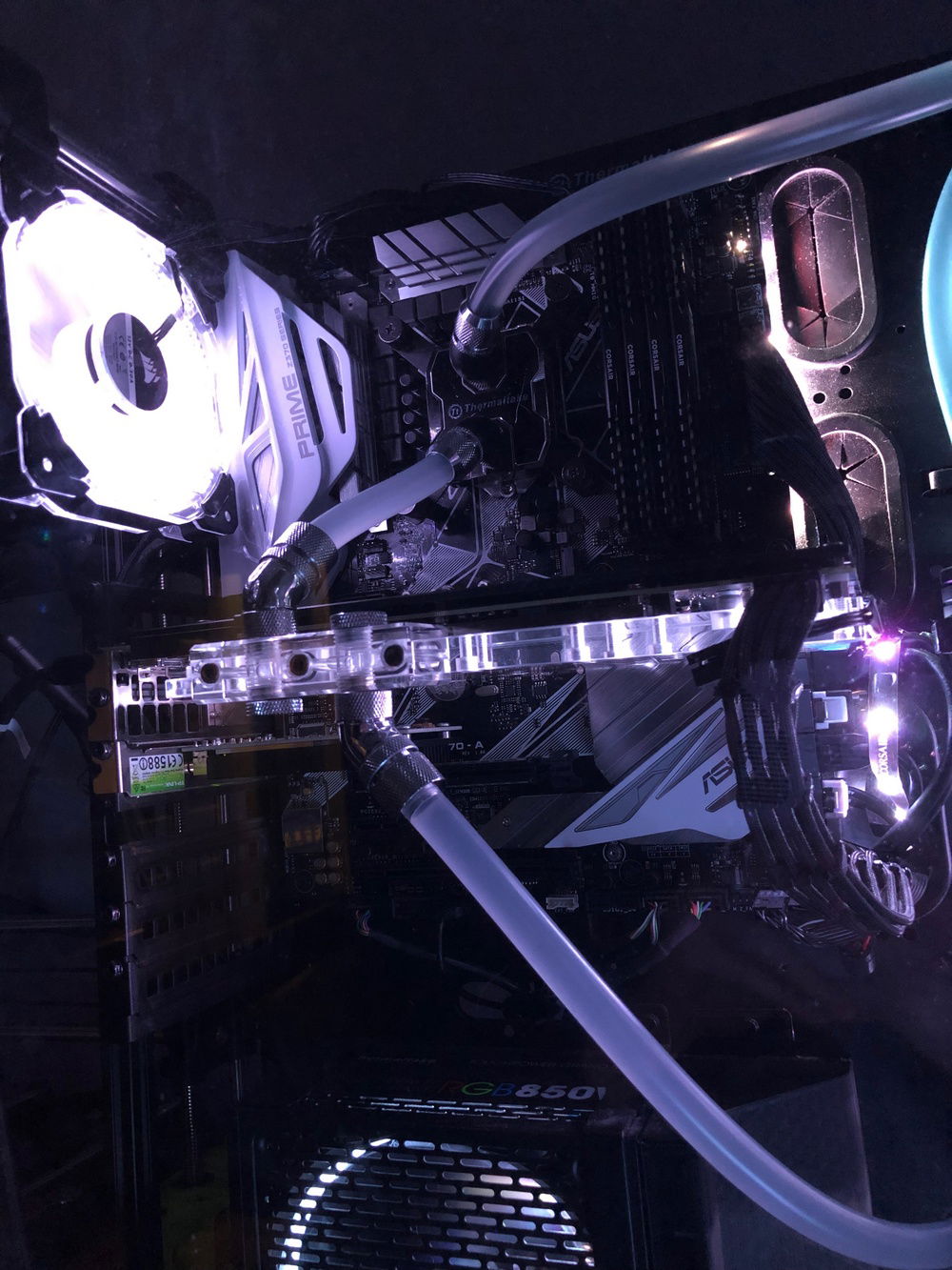 The motherboard and GPU, I 3D printed clips to mount a RGB strip on the side of my GPU. My GPU was originally a EVGA SC 1070, it used a founders edition PCB. I used the Thermaltake Pacific GPU water block and removed the air cooler the card had.