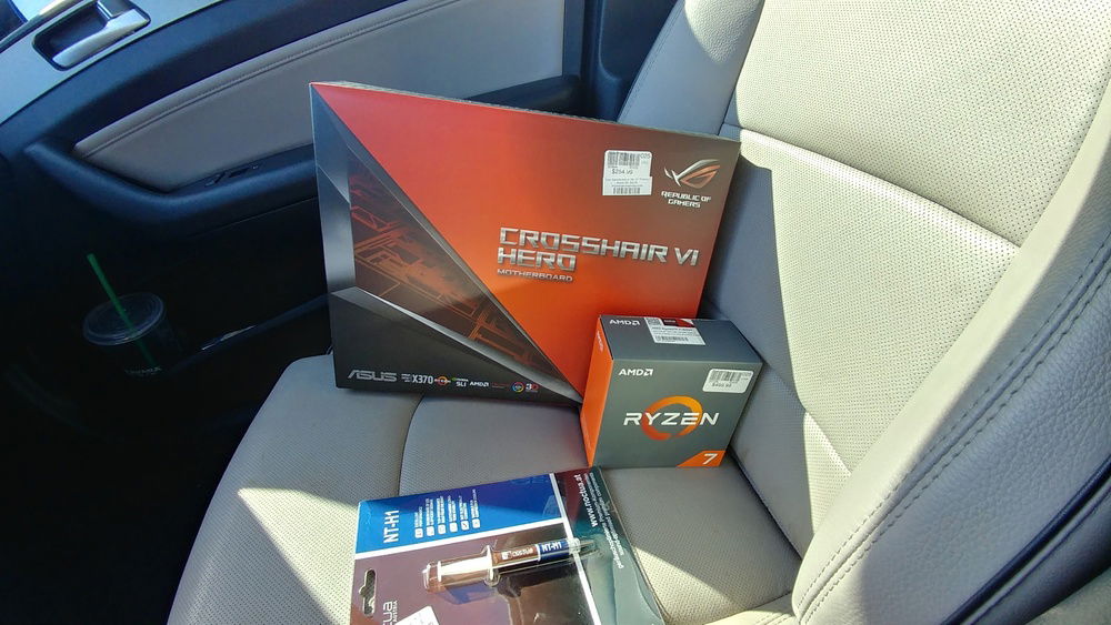 Pickup day. 1800X and Crosshair VI Hero, thanks to my local Microcenter. Absolutely love those guys over there, I am in there at least once a month purchasing something.