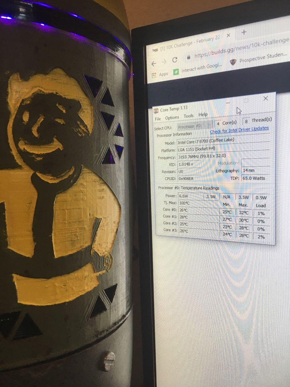 Stays under 40 c at ideal and stays quiet even under load never touching 80 c.