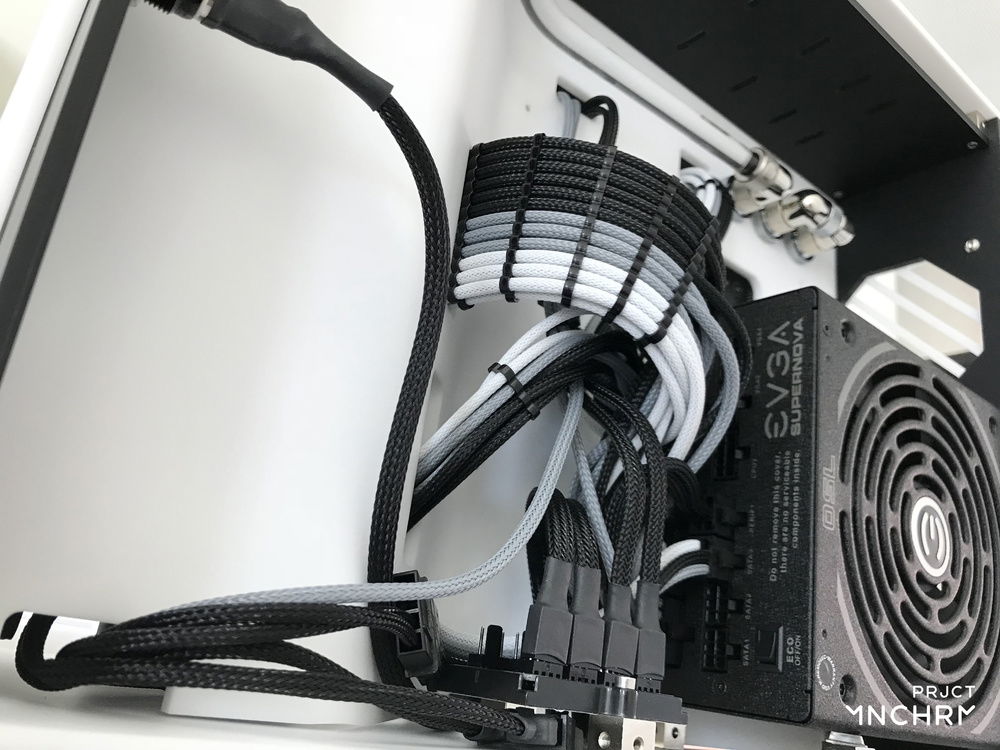 Fan and pump cables from the front radiator setup.