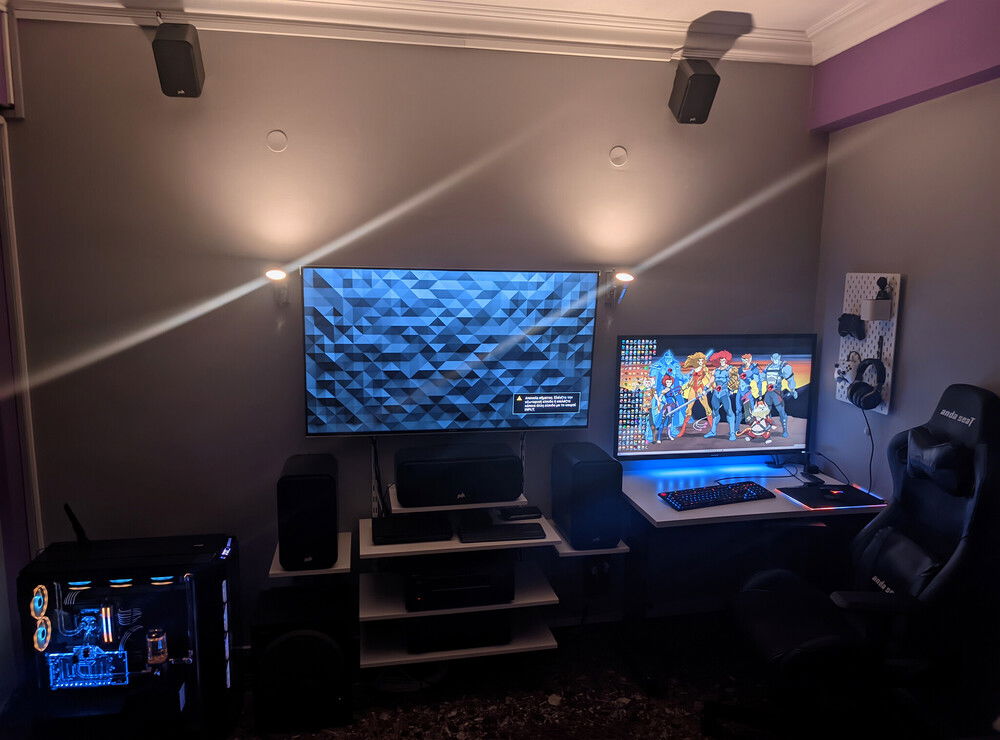 New pc rig and home theater (Denon AVC-X4800H with Pioneer 919 and 7.1.4 Polk Elite Signature speakers) layout.