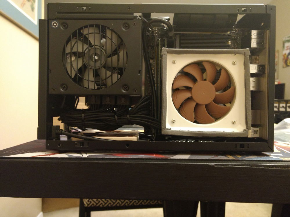 Inside is tight, cable management is key to fit the case fan. 3d printed duct and weatherstripping was added to increase airflow efficiency to CPU cooler