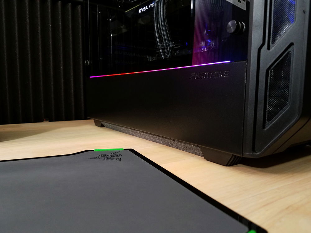 This PC runs so quiet that even under a full load the PSU (750 G2) is the loudest thing in the system, and this is a quiet PSU. I installed a piece of acoustic foam along the side and front edge. Dropped 2db overall and got rid of that slight air noise you could hear before. Now on, off or full load it pretty much sounds the same.