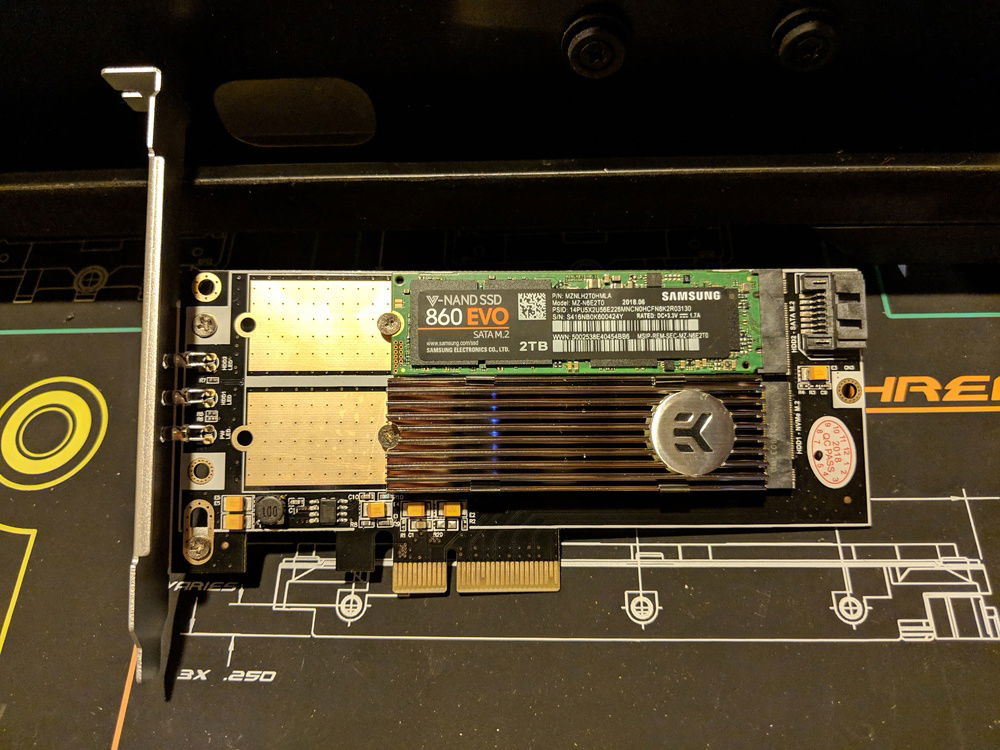 PCIe riser - 1 NVMe and 1 SATA (speed tests had nearly identical results vs. dedicated slots). Haven't checked temps yet, but reviews say cooling is improved but a couple degrees when off the mobo like this