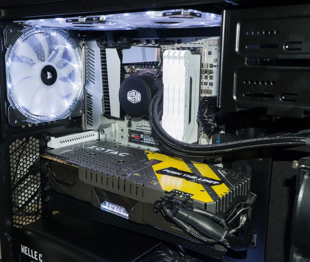 Close-up of the motherboard, ram, fans and gpu