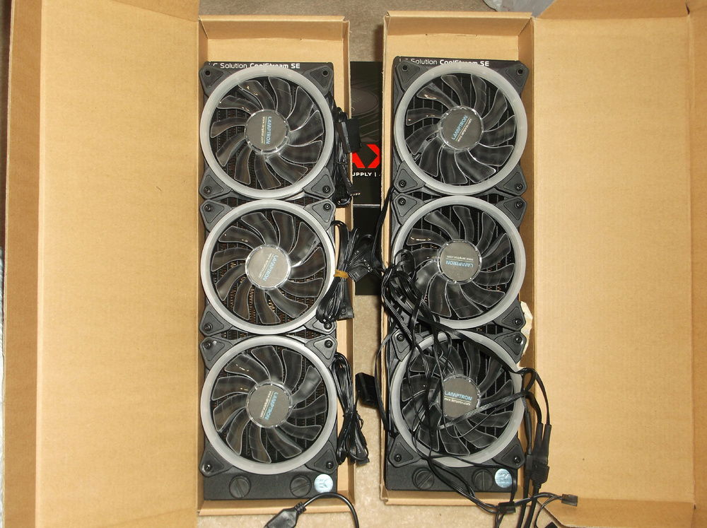 EKWB coolstream slim 360mm rads with rgb fans.