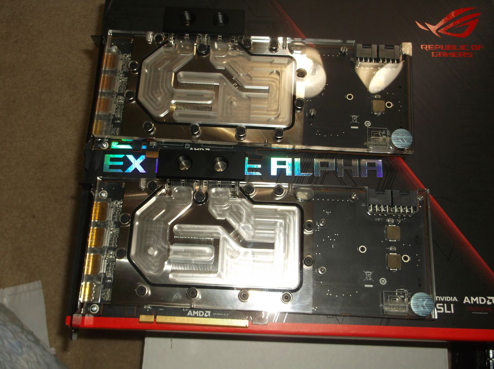Amd Radeon Vega 64's installed in EKWB FC-Vega waterblocks.