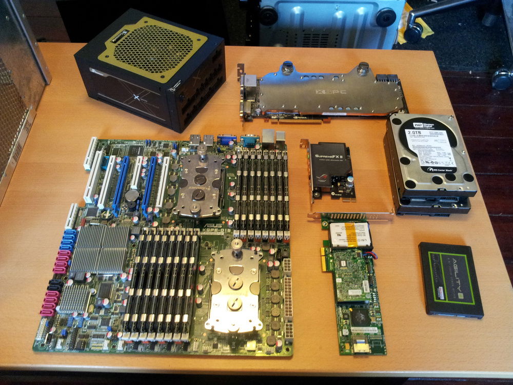 The first draft hardware. After final build, the mobo, ram, cpu and drive were upgraded to an i7-5960, nvme ssd, etc.