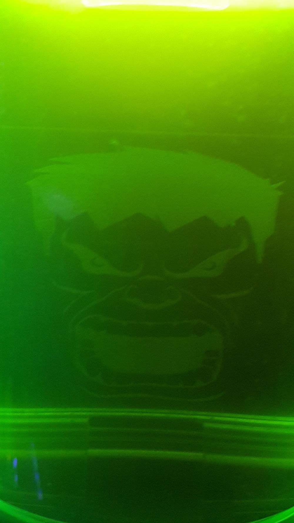 The anti vortex insert to the reservoir. Got the hulks face laser etched on a  bit of clear acrylic I cut out. Forgot to take a pic of it before installing it.