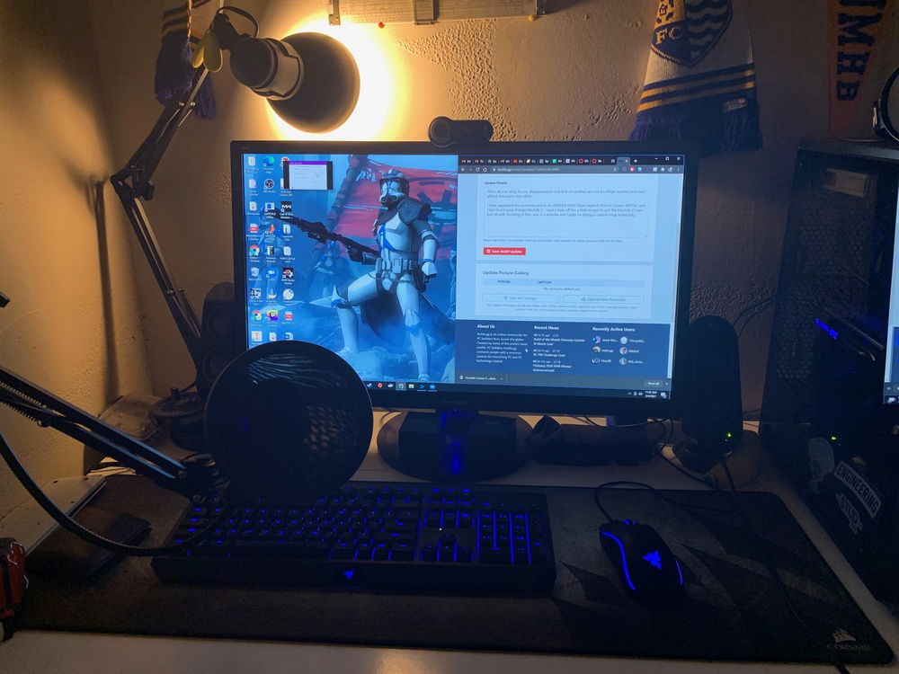 Set up photo, Mouse, keyboard, desk mat, and sorry for the mess I am an Engineering student and use my rig for school as well