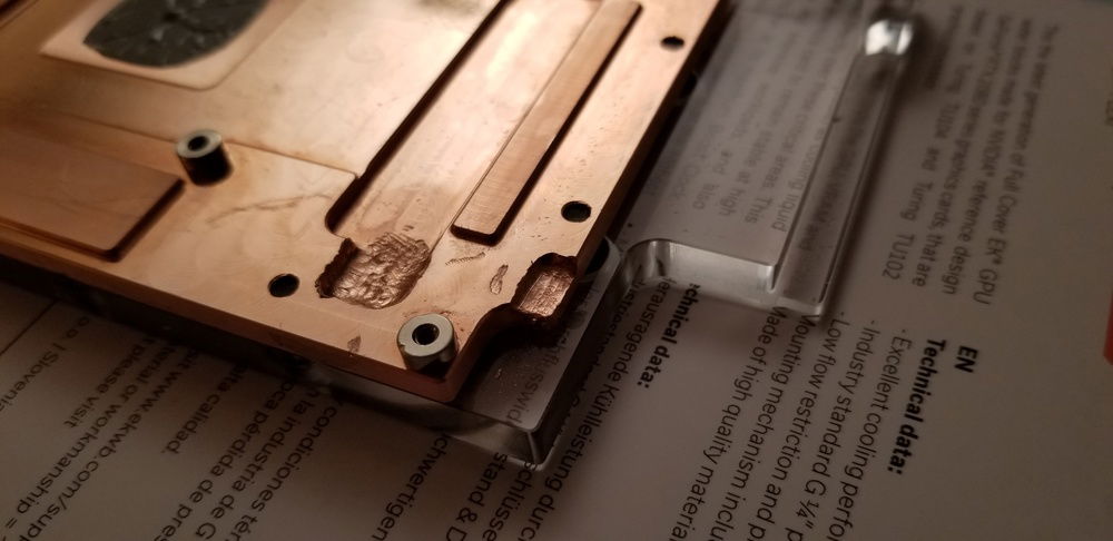 End result, two areas of the block had material removed, for being free hand and a first time for me, I think it turned out really well! The water block and card sat flush to each other and it even posted later on after the initial boot!