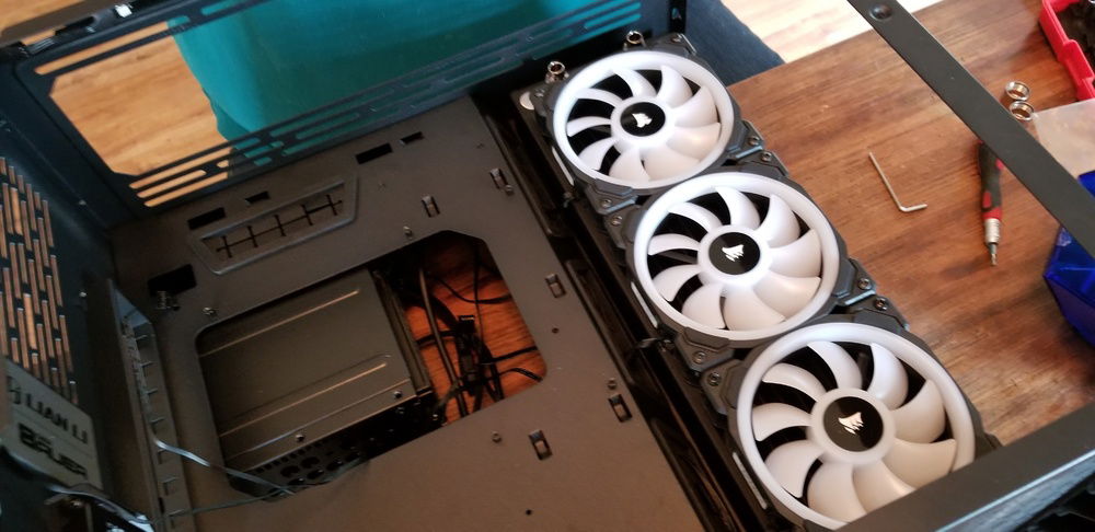 Roughing out where to install the 360mm radiator. With the side feelings it was difficult to sort the exact location. Corsair LL 120's x3 (Push config)