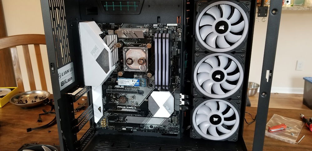 main rad in, cpu block on, ram in, now for the 240 rad