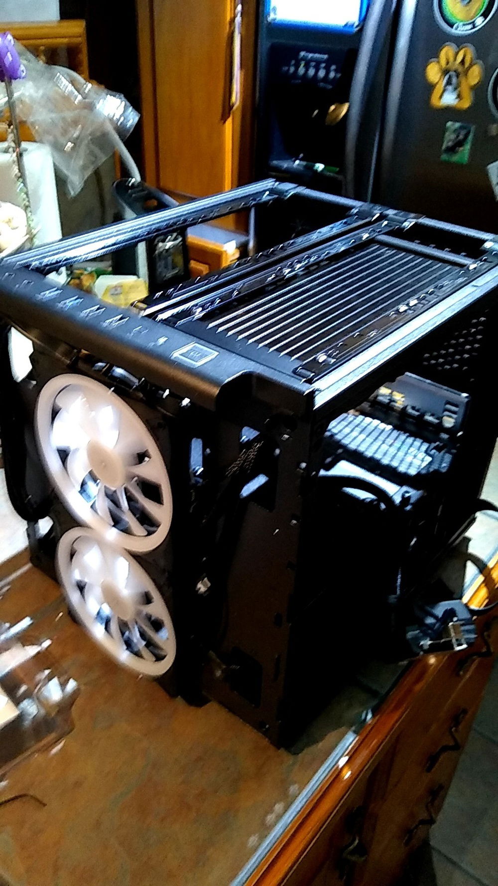 These fans are uphere 140mm not 120mm the 140mm wasn't in the parts list they provide. It's a 3 pack wireless rgb