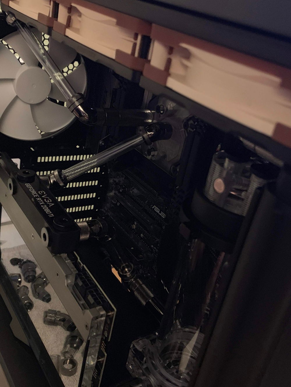 View of reservoir to GPU run including T connector for coolant temp thermocouple.