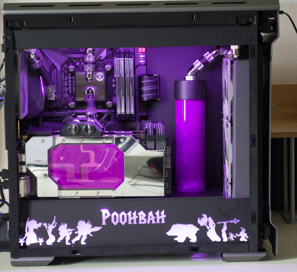 With Purple LED case lightning.
Some of the EK logos on the fittings are not lined up in the picture but i fixed it but im not redoing the pictures now.
