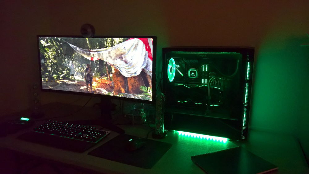 Overview of the whole setup. Currently away from home for work, so using a folding table as a temporary desk.