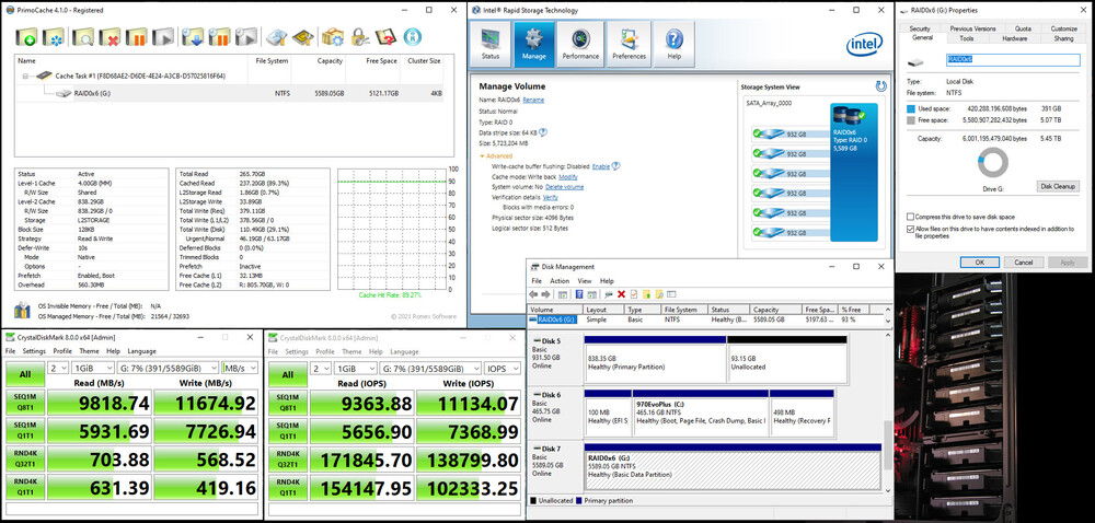Raid 0 IRST x6 Western Digital Blacks = 6TB 
 - 4GB Level 1 Cache DDR4/3200MHZ Quad Channel 
 - 1TB Level 3 Cache Samsung 980 NVMe