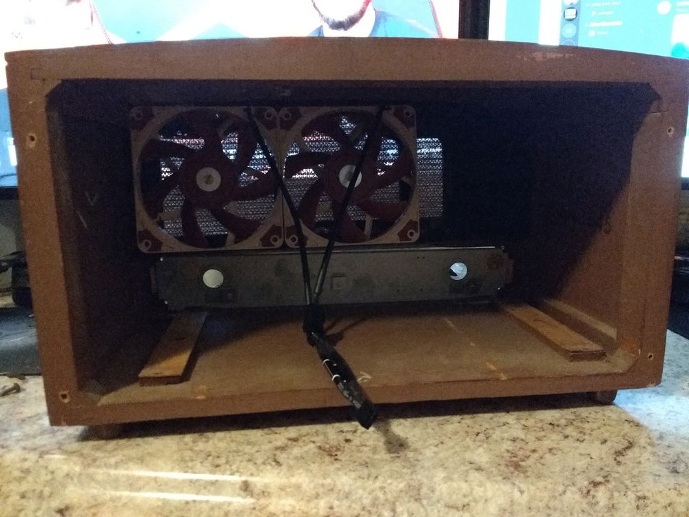 The Noctua fans installed in the front of the case. They're set to blow through so that dust doesn't collect on the front fabric.