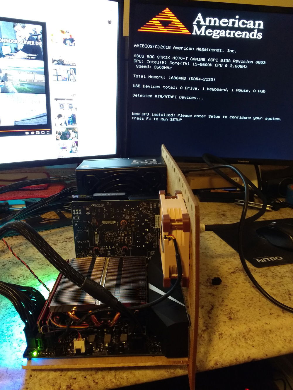 Glory shot of the first boot-up. Everything was recognized successfully, except for the NVME drive... after a lot of cursing and troubleshooting I discovered the bios simply doesn't show it, but it is there.