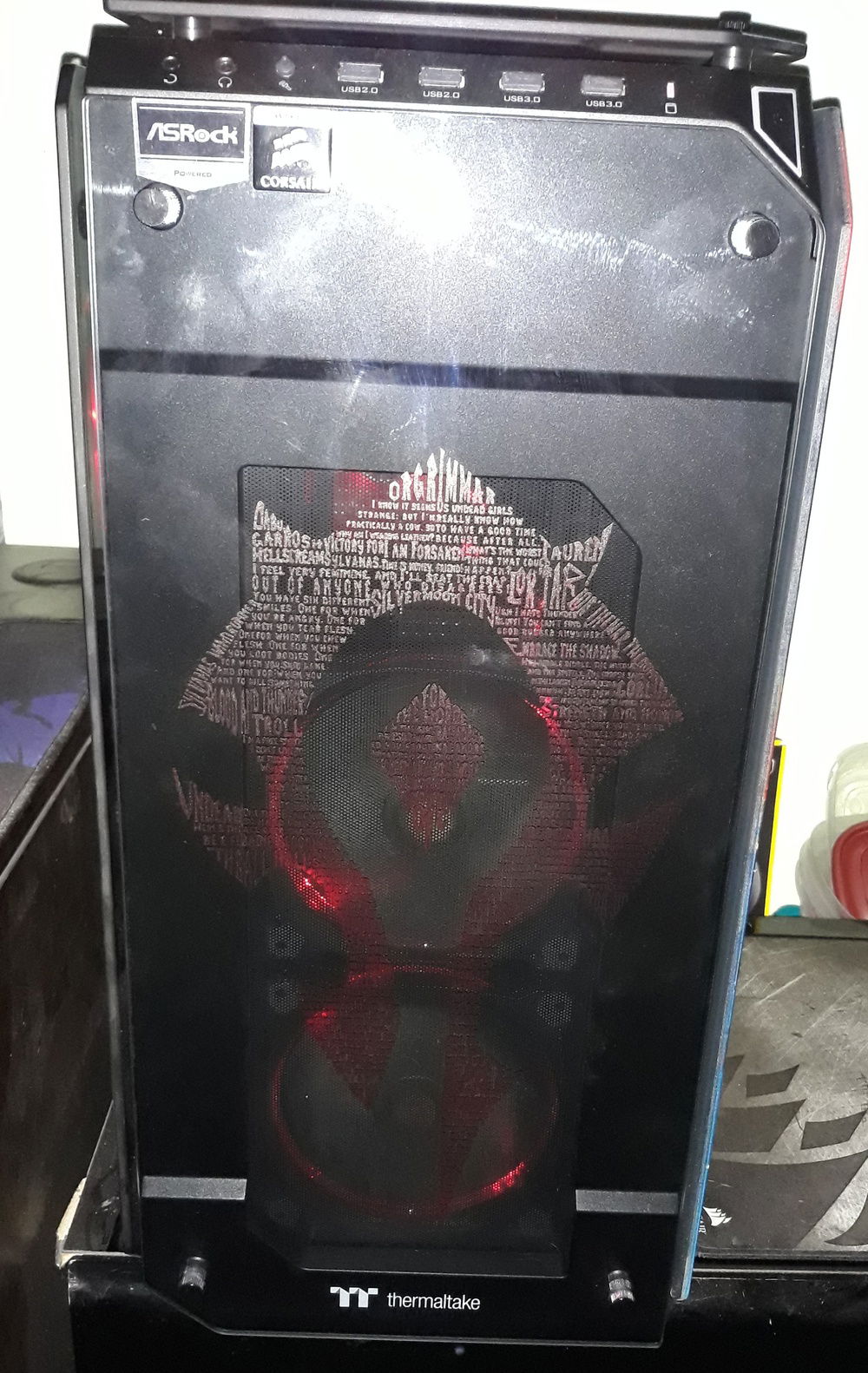 The horde symbol with all the city names and saying from in game and names of characters