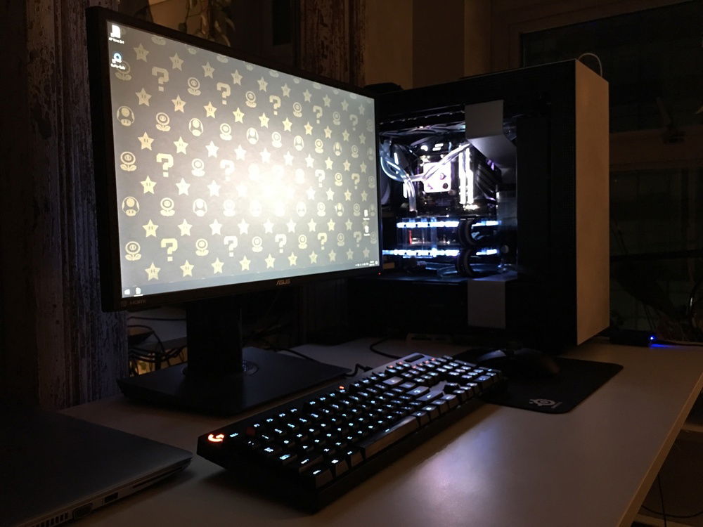 Full view of my setup at night with the lights on.
