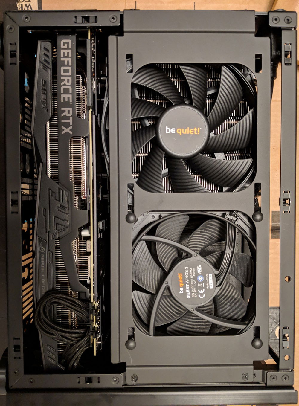 GPU and Dark Rock TF for intake with a 120mm BeQuiet Silent Wings 3 for exhaust.