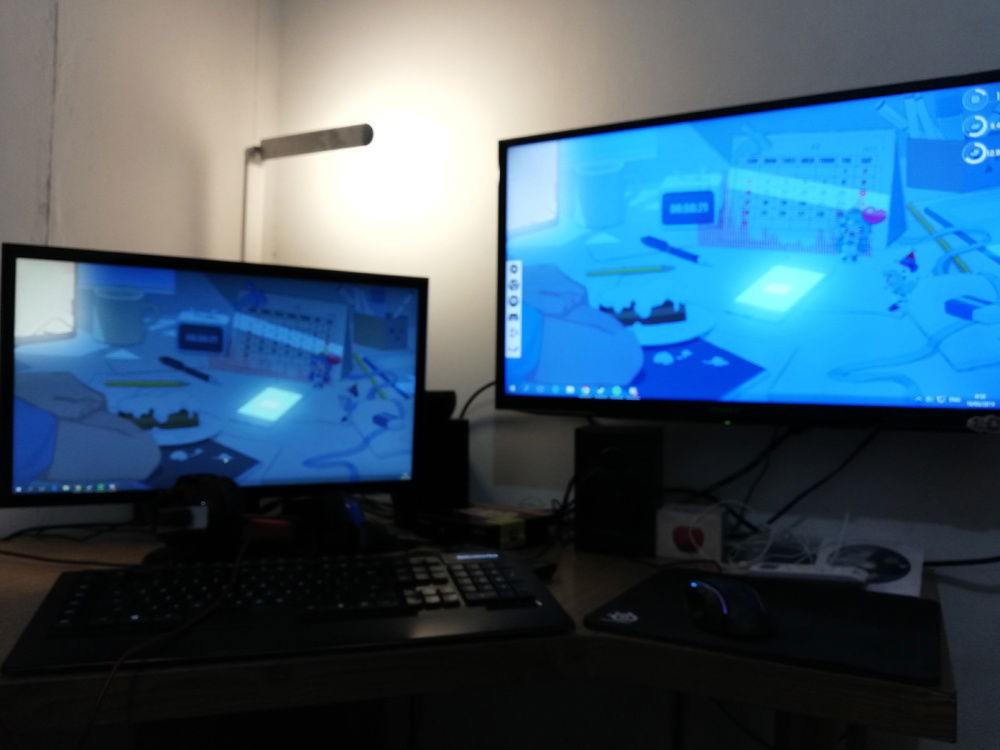 The Two Monitors and my Desk + Keyboard & Mouse