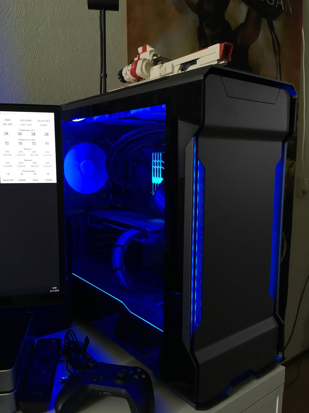 A frontal view of the build while it's on and in it's place on my desk.