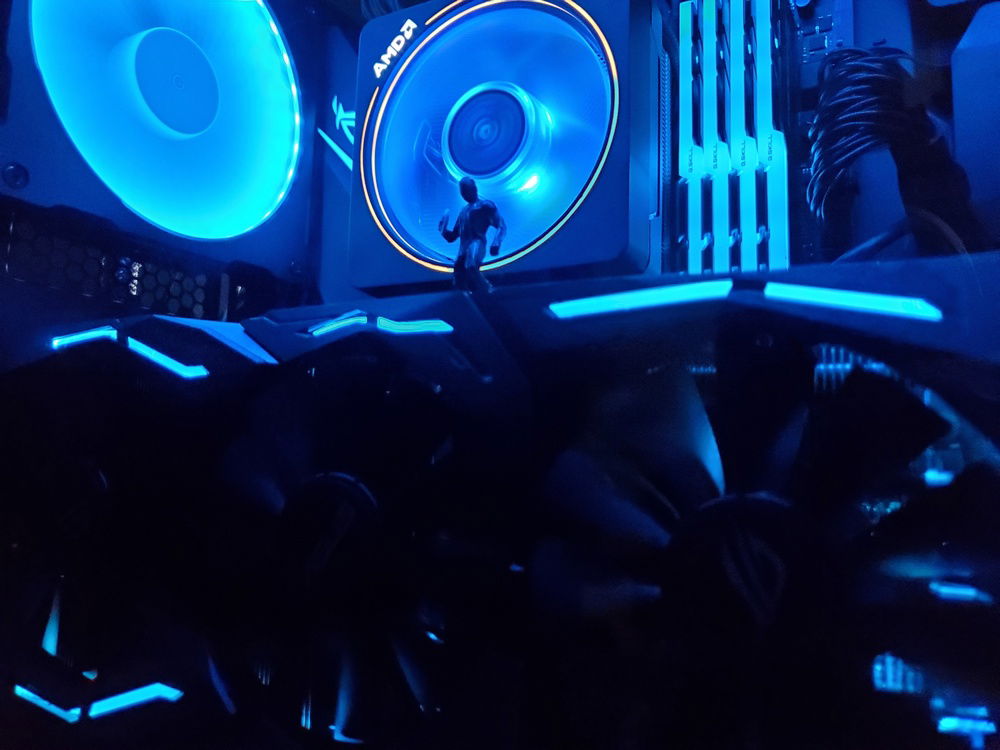 Close up of Sam Flynn Figure standing on ASUS ROG GPU