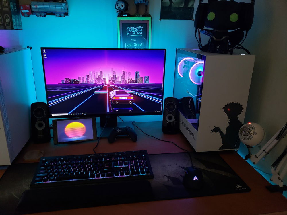 My setup. Corsair m65. Corsair Ironclaw. Cheap Logitech 2.1. Xbox Elite controller. 27" 144hz 1440p TN monitor. Fire 8HD in use as second monitor. Sennheiser HD58x. Blue Snowball Microphone.