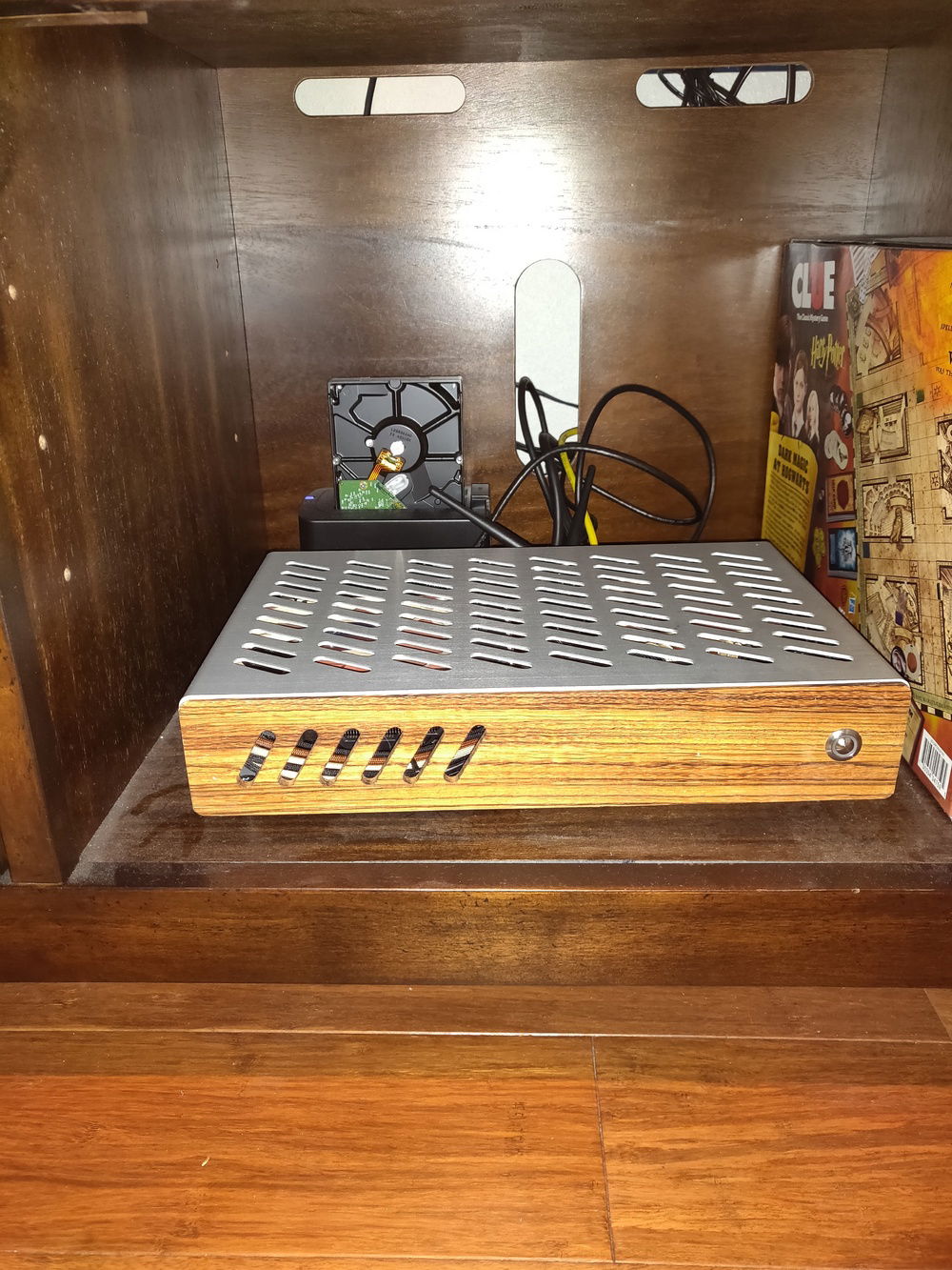 Close up.  Hooked to remote HDD's in back that I use for Plex server.   Ignore that dust..