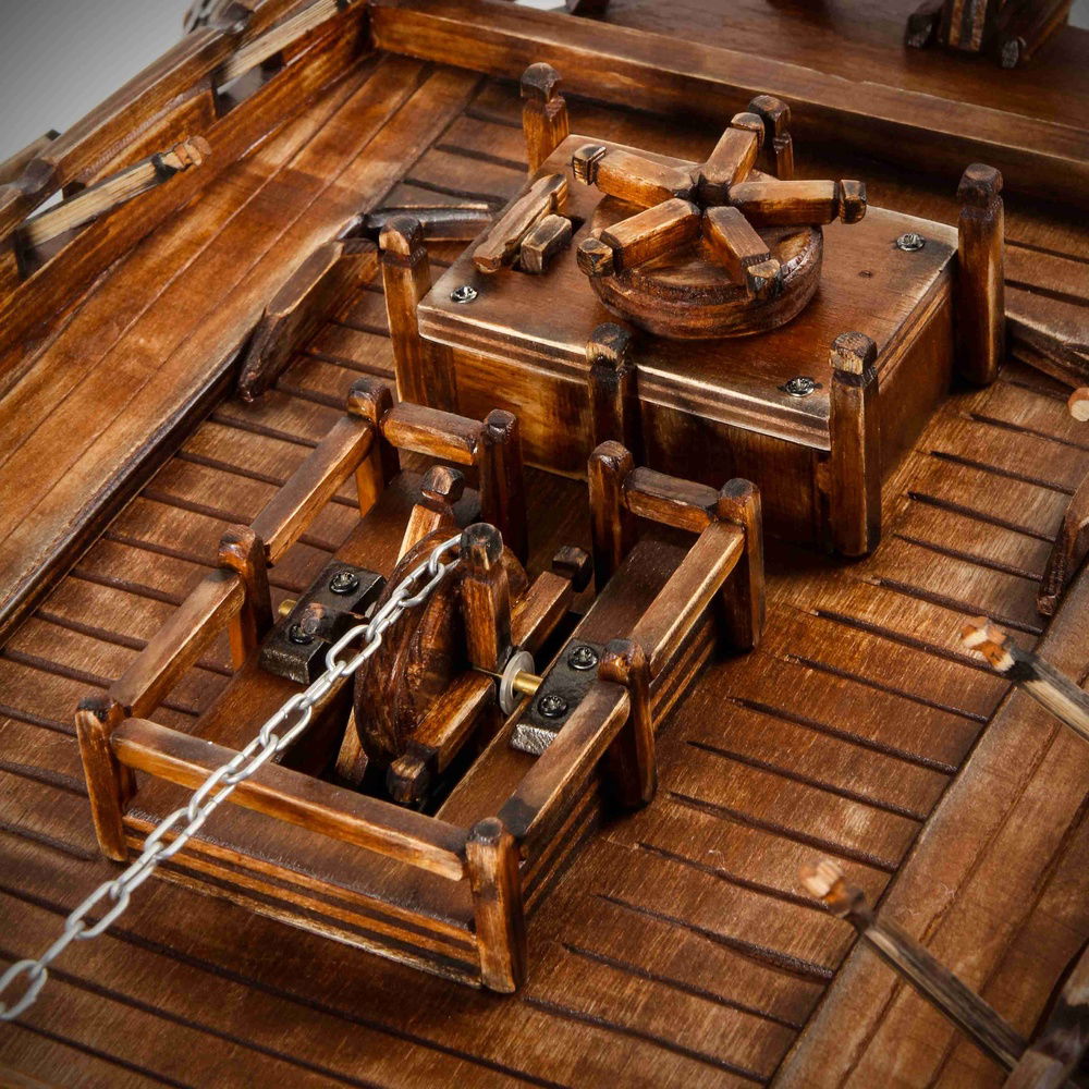 while you see thes as medieval wooden turn wheels, the top on is actually the potentiometer with and automatic or manual switch on the left side. the bottom one is the chain to servos wheel transmission which moves in and out when turningthe poti wheel. you get the illusion of their being interconnected mechanically. typical VIKING tech.... :-)