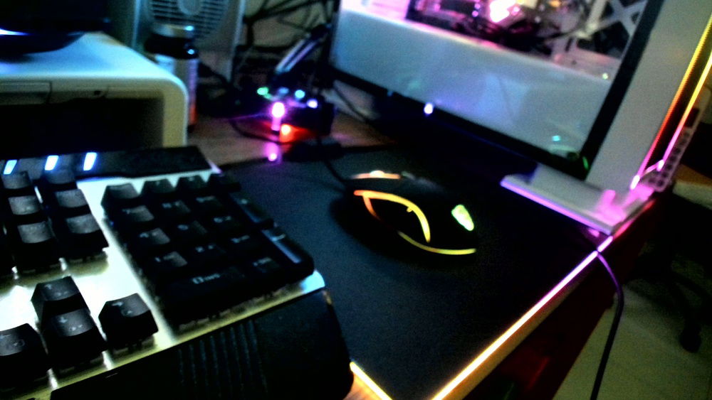 Mouse, Corsair MM800 RGB mousepad, and the cable holder from Enhance (Pro Gaming Mouse Bungee Cable Holder)