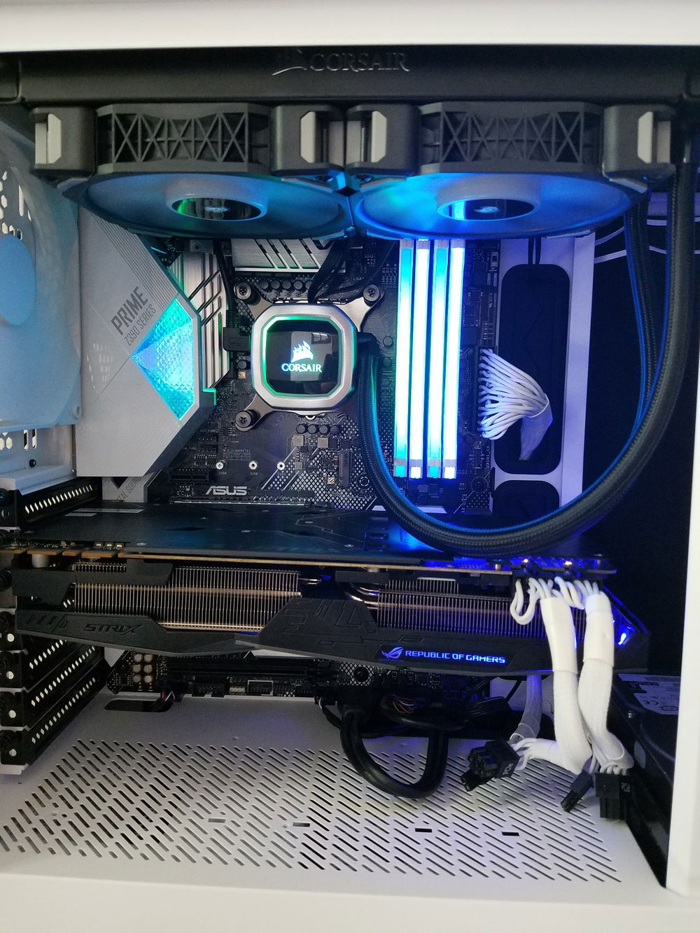 As a first time PC builder the wiring process was abit overwhelming. Start to finish with abit of help from a friend it took about six hours to build. It posted on the first power up!! I plan to order some cablemod extensions to give a cleaner look for the GPU cables, and 24pin cable, as well as replace the stock rear exhaust fan for a Corsair ML140 PRO RGB.