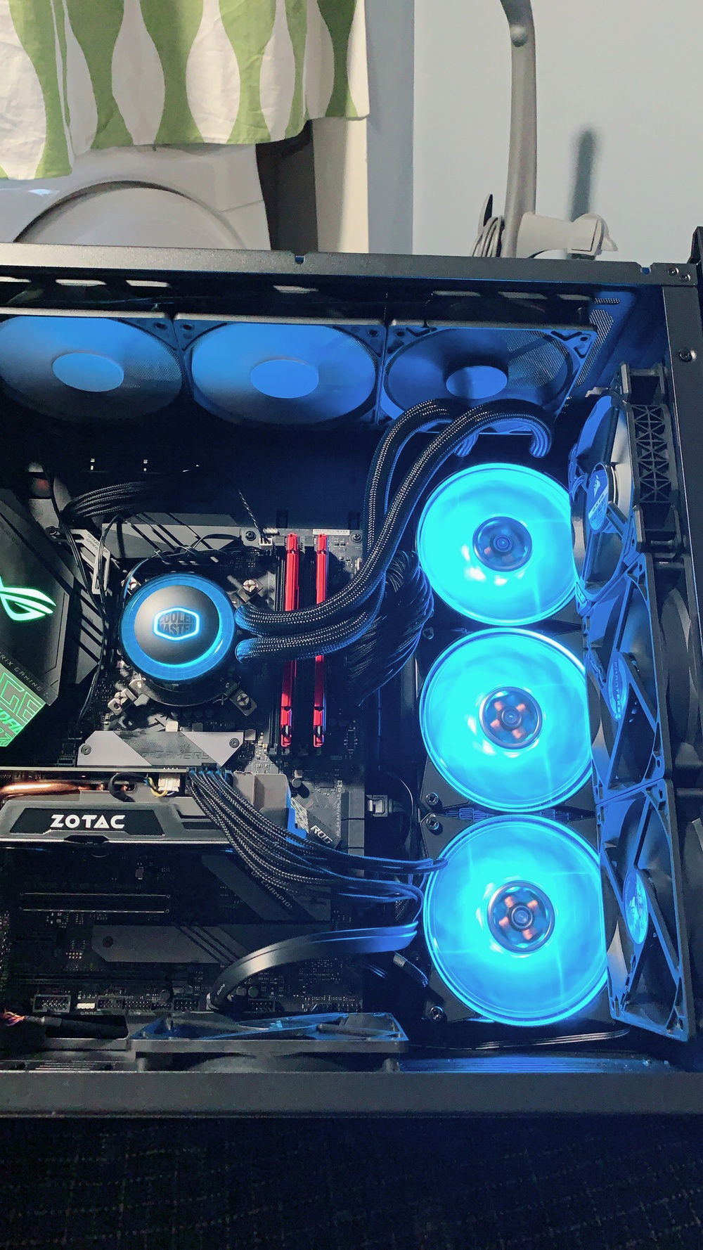 Inside, Playing with the 3 RGB colors- not all fans installed at the time of PIC.