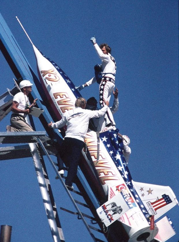 Evel Knievel getting into the X2 Rocker to jump over the Snake River Canyon in 1974