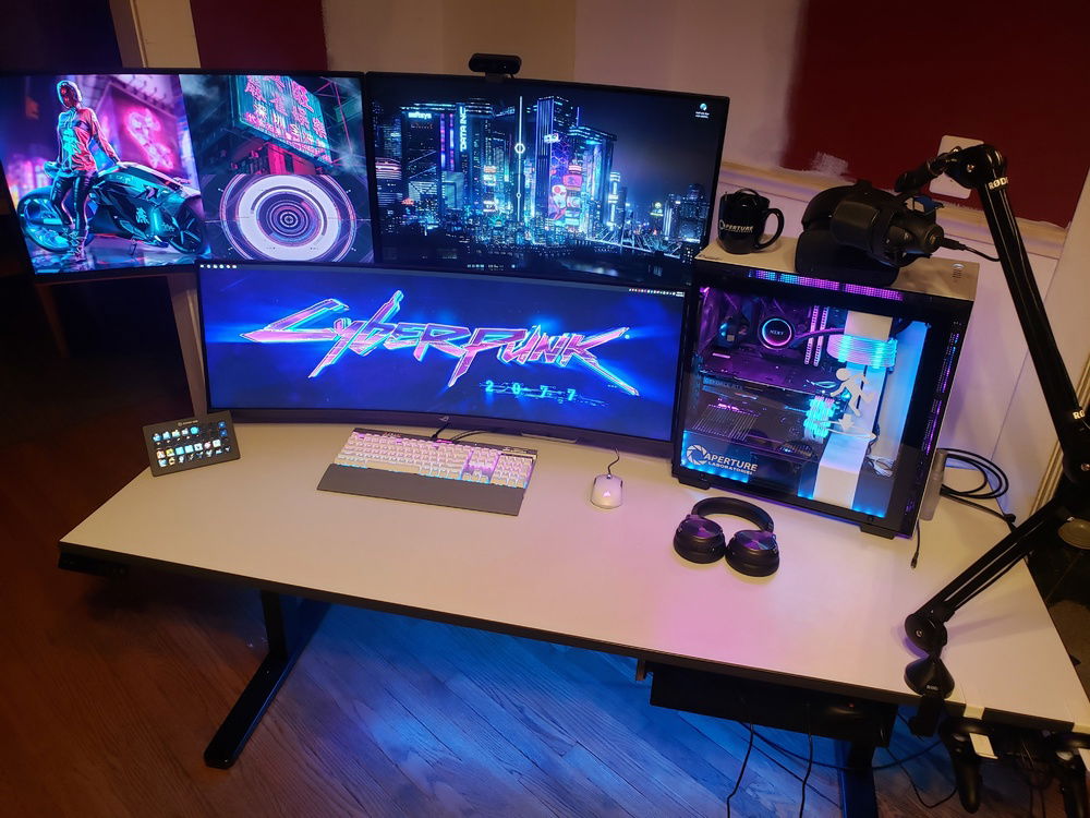 Desk with lights on.