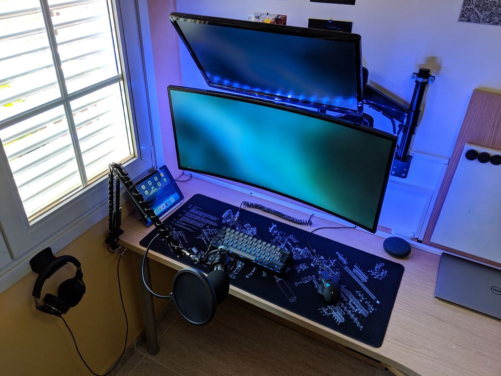 Stacked horizontal monitors for entertainment.