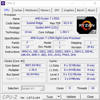 Ryzen 7 1700 x OC'd to 3.9 GHz all cores