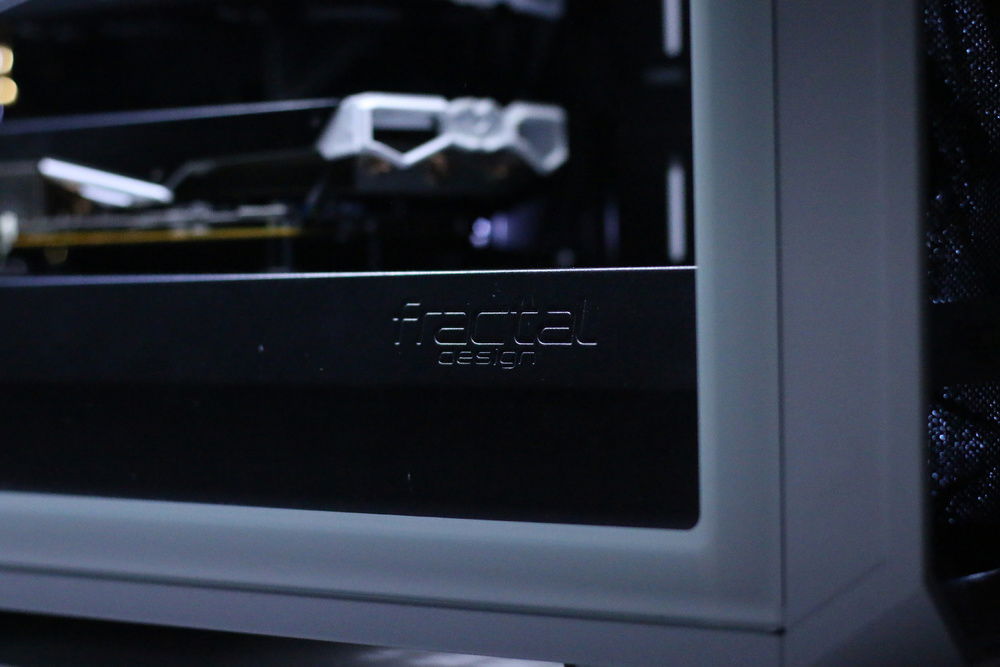 A detail shot of the Fractal Design branding in the power supply shroud.