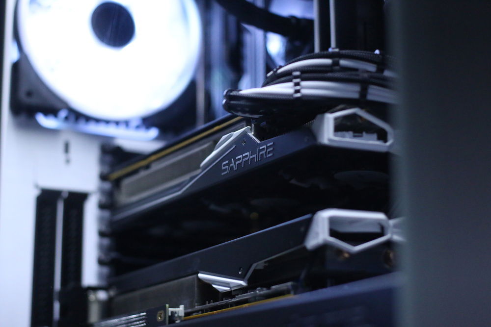 A detail shot of the mirrored GPU setup.
